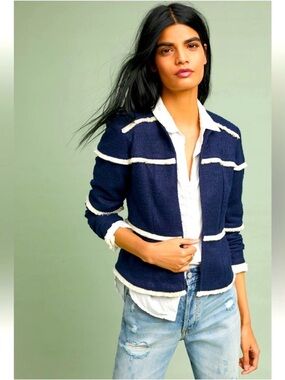 Anthropologie Dolan Left Coast Julie Fringed Navy White Open Jacket Medium